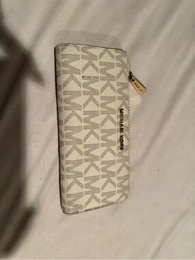 Michael Kors Cream and Light Gray Monogram Zip Wallet